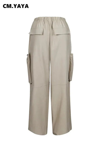 CM.YAYA Women Fashion Zipper Pocket Side Zip Fly Split Hem Wide Leg Safari Style Pants 2025 Drawstring Summer Cargo Trousers