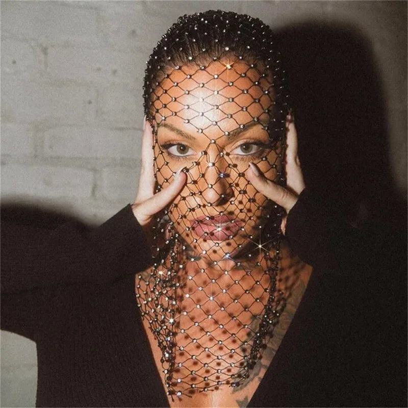 Women Balaclava Elastic Rhinestone Turban Ladies Shining Fishnet Headhood Club Rave Party Head Mask Diamond Headwrap Headcover