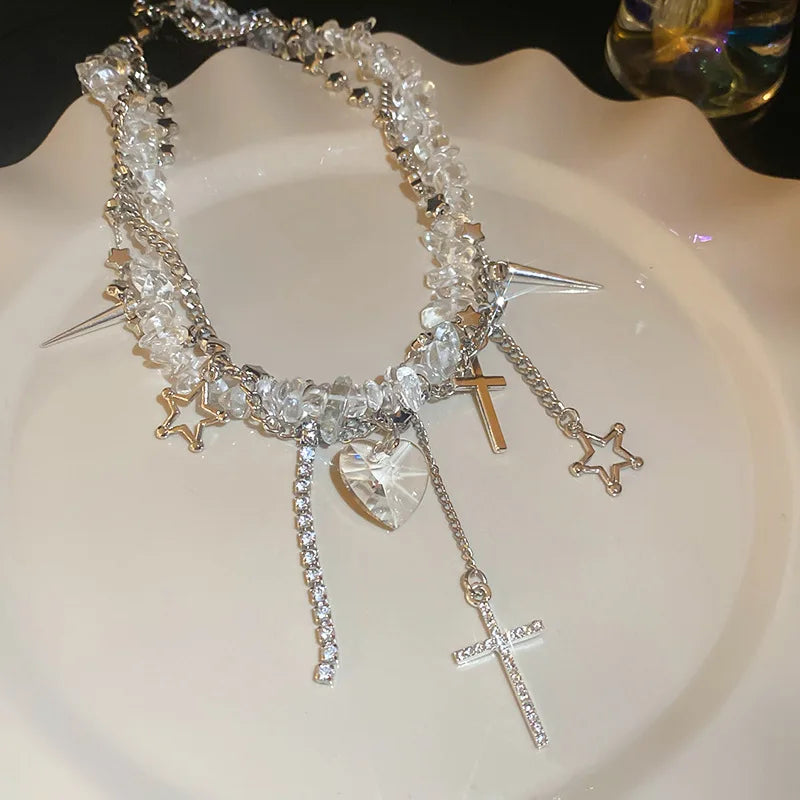 Silver Color Hollow Star Choker Necklaces For Women Long Tassel Rhinestone Imitation Pearl Chain Necklaces Statements Jewelry
