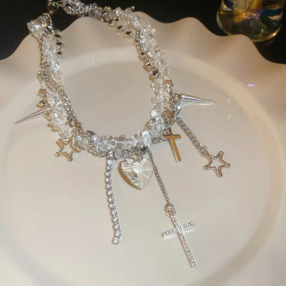 Silver Color Hollow Star Choker Necklaces For Women Long Tassel Rhinestone Imitation Pearl Chain Necklaces Statements Jewelry