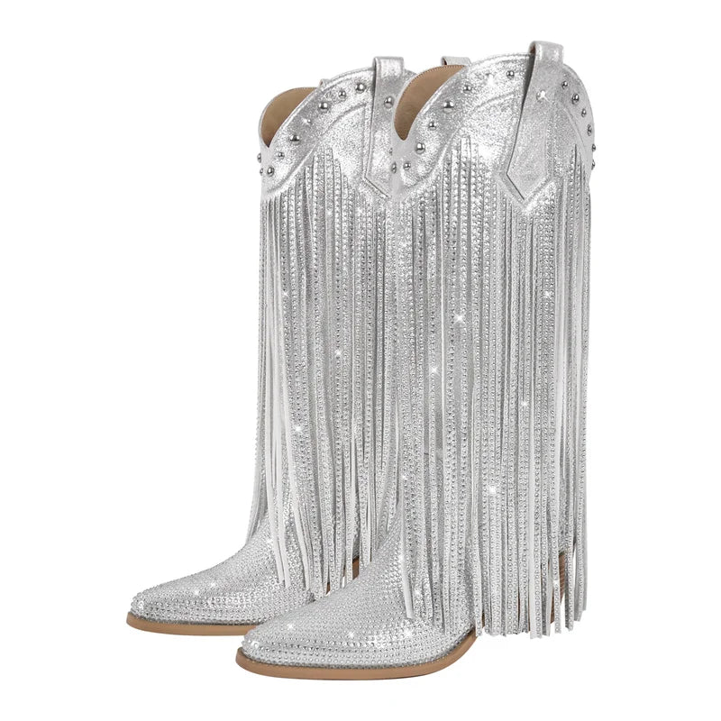 Onlymaker Women Sliver Rhinestone Fringe Knee High Western Boots Big Size Block Heel Pull-On Cowgirl Boots