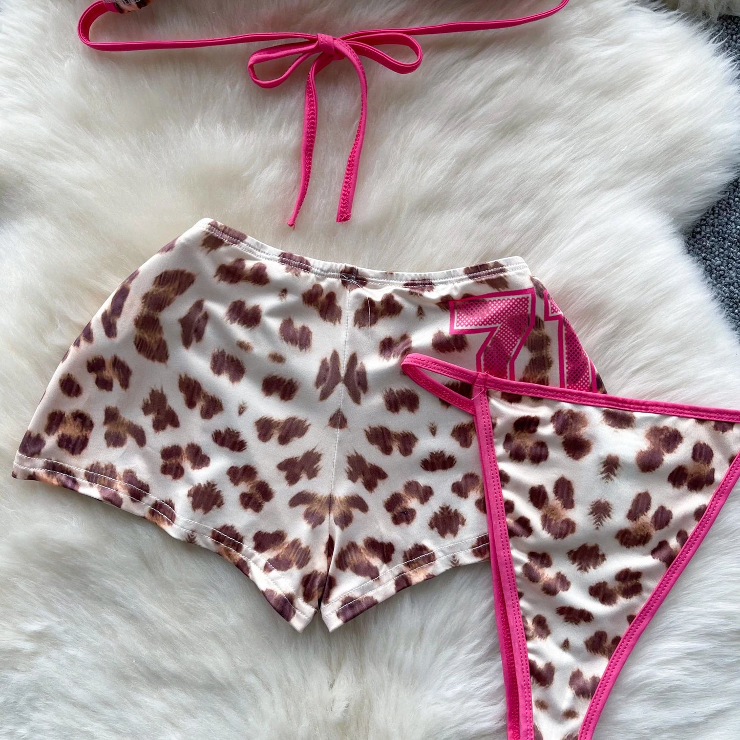 SINGREINY Leopard Bikini Hotsweet Three Piece Set Halter Bra+Slim Shorts+Mini Briefs 2024 Women Lace-Up Backless Sexy Suits