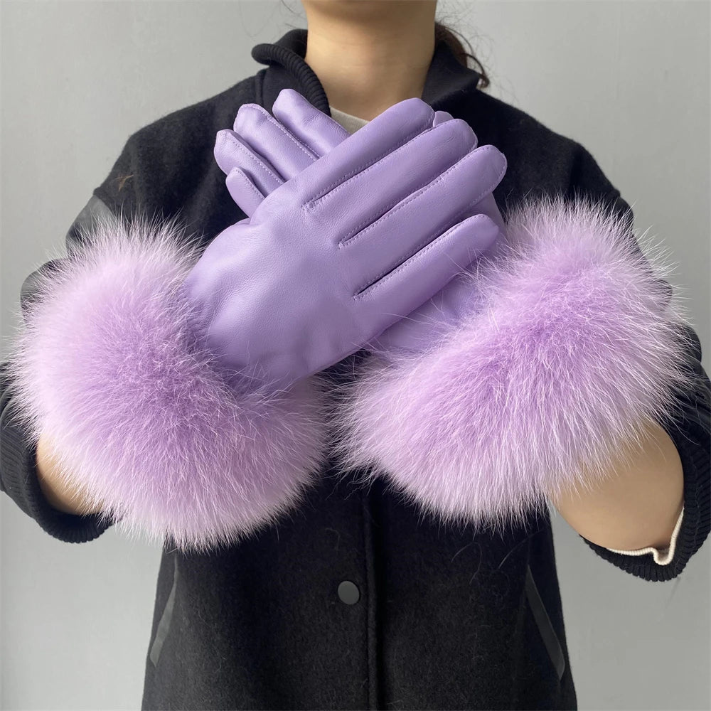 Jxwatcher Wholesale Fox Fur Gloves Winter Female Luxury Style Warm Sheepskin Genuine Leather Gloves Driving Thickening Mitten