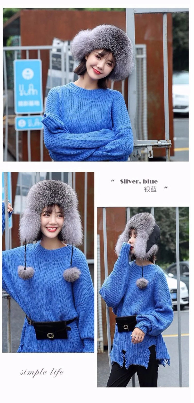 2025 100% Real Fox Fur Hats Women's Russian Ushanka Aviator Trapper Snow Skiing Hat Caps Earflap Winter Raccoon Fur Bomber Hat