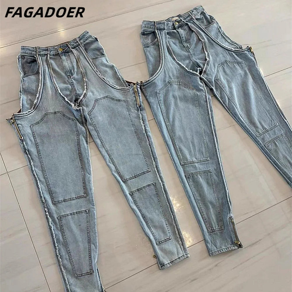 FAGADOER Hollow Out Sexy Denim Pants Women Irregular High Waist Cargo Patchwork Elasticity Jeans Hot Girl Y2k Streetwear Bottoms