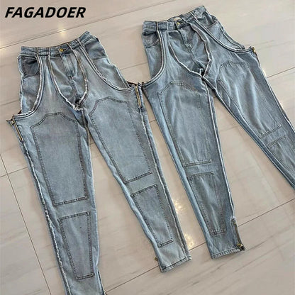 FAGADOER Hollow Out Sexy Denim Pants Women Irregular High Waist Cargo Patchwork Elasticity Jeans Hot Girl Y2k Streetwear Bottoms