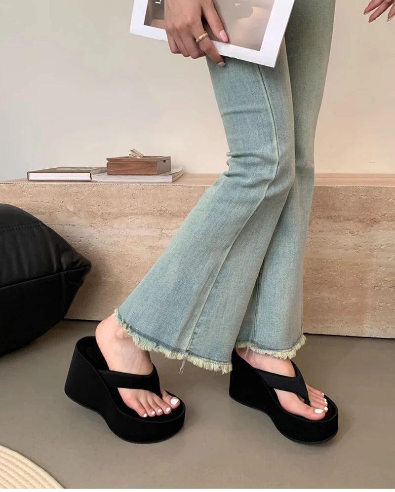 Design Summer Chunky Woman Slippers Fashion Platform Wedges High Heel Silvery Ladies Shoes Zapatillas De Mujer