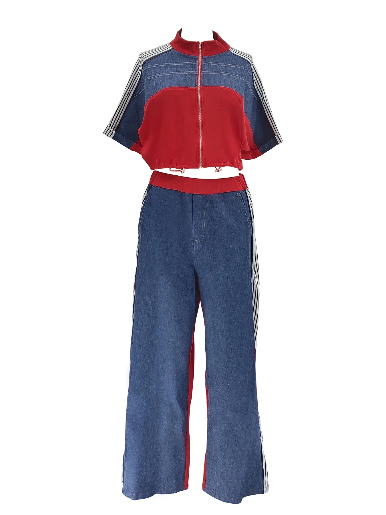 Pant Set Women Two Piece Sets Denim Matching Sets Jogger Tracksuit Matching Sets Zipper Tops Wide Leg Long Pants Elastic Waist