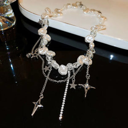 Silver Color Hollow Star Choker Necklaces For Women Long Tassel Rhinestone Imitation Pearl Chain Necklaces Statements Jewelry