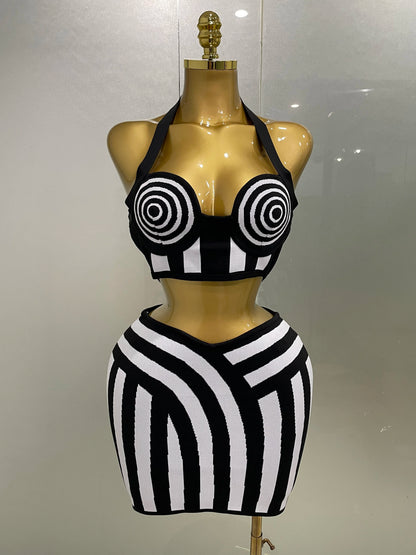 2025 New Women Celebrity Sexy Jacquard Black White Two Piece Bodycon Striped Bandage Skirt Set Designer Evening Party Dress