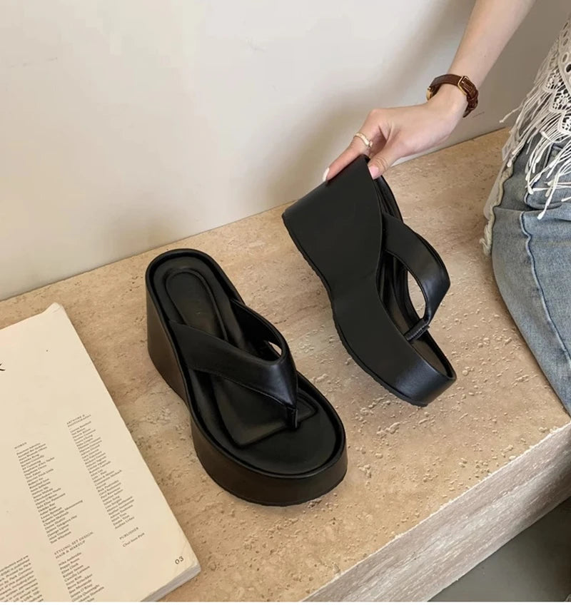 Design Summer Chunky Woman Slippers Fashion Platform Wedges High Heel Silvery Ladies Shoes Zapatillas De Mujer