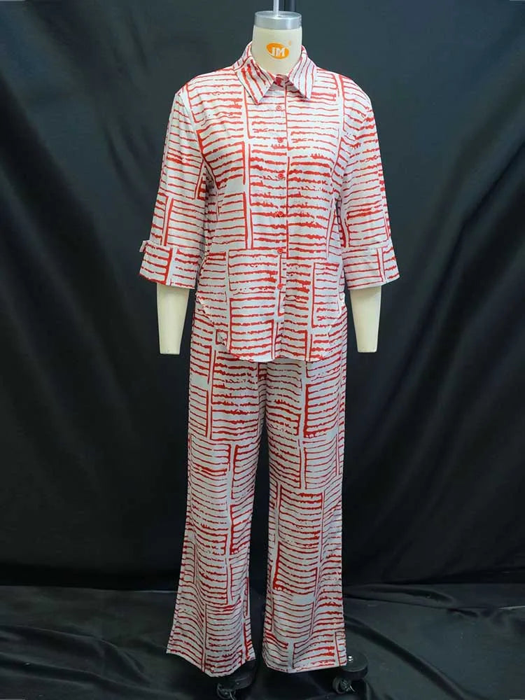 Two Piece Outfits Woman Summer Red Striped Slimming Shirt and Pants Set Woman Casual Clothing Set Wholesale Dropshipping
