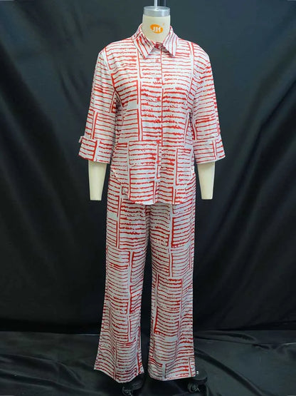 Two Piece Outfits Woman Summer Red Striped Slimming Shirt and Pants Set Woman Casual Clothing Set Wholesale Dropshipping