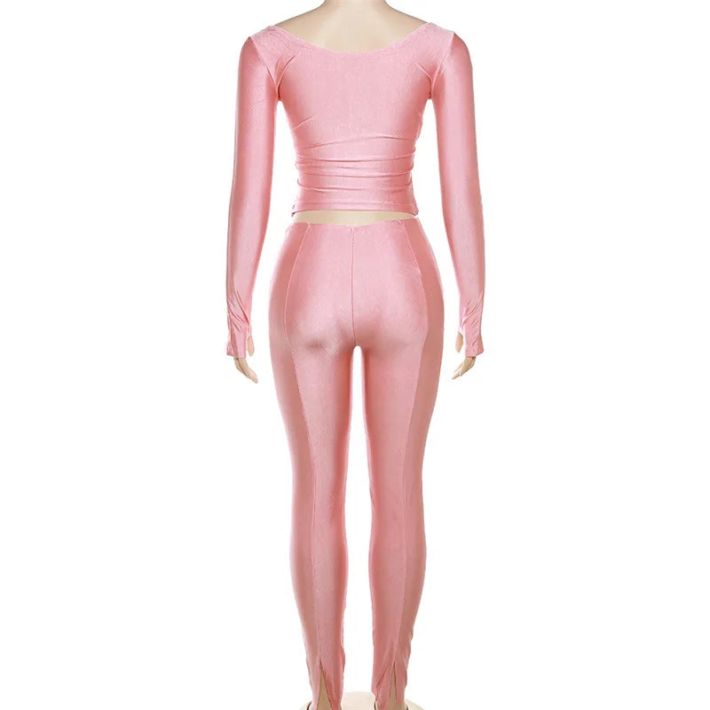 Simenual Casual Skinny Women Two Piece Set Sexy Deep V Crop Tops High Waist Pants Cyber Y2K Outfits Slim Co Ord Suits Streetwear