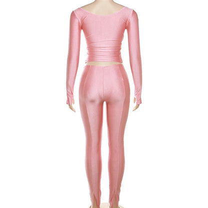 Simenual Casual Skinny Women Two Piece Set Sexy Deep V Crop Tops High Waist Pants Cyber Y2K Outfits Slim Co Ord Suits Streetwear