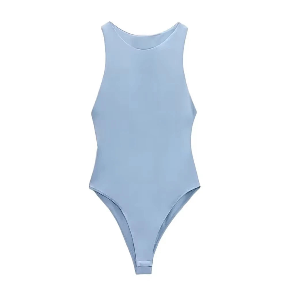 TRZA Women Fashion With Halter Neck Skinny Bodysuit Sexy Sleeveless Snap-button Female Playsuits Mujer