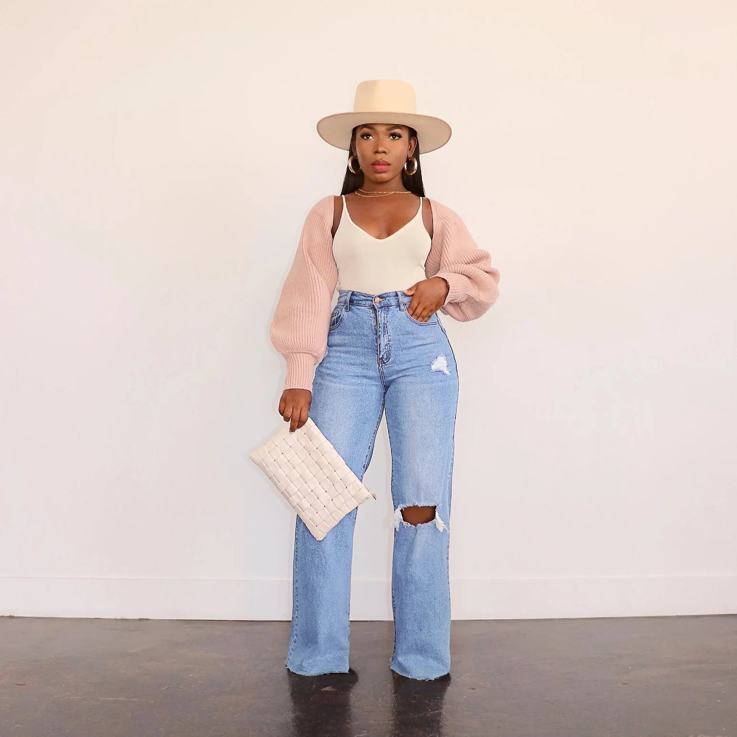 Women Jeans Ankle Length Holes Loose Flat Straight Pants Zipper Fly Pockets Solid Color High Street Slight Strech Denim