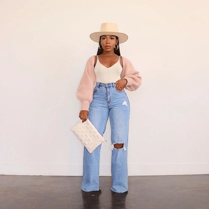Women Jeans Ankle Length Holes Loose Flat Straight Pants Zipper Fly Pockets Solid Color High Street Slight Strech Denim