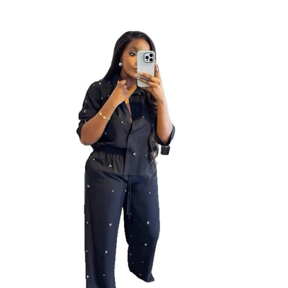 Women Sets Single Breasted Blouses Turn Down Collar Tops Two Pieces Diamonds Ankle Length Straight Pant Pockets Casual Loose