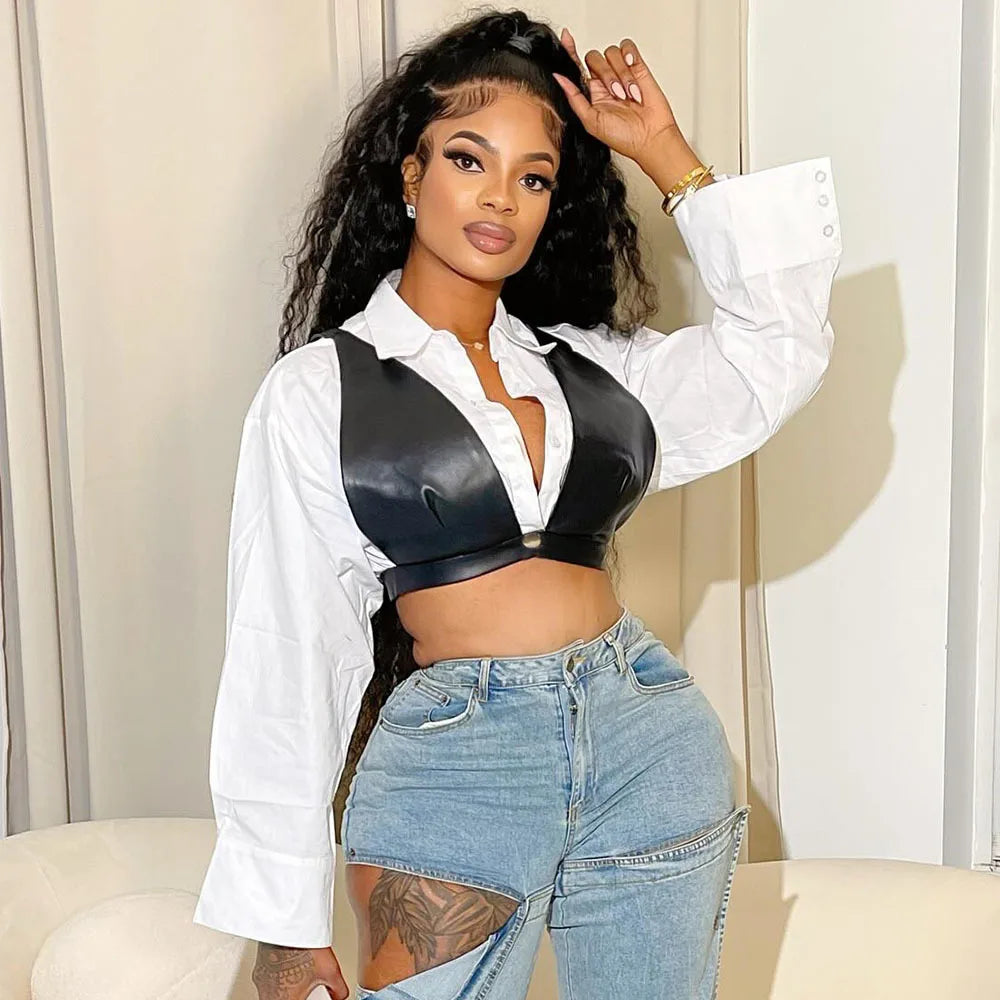 Joskaa Casual Lapel Long Sleeve Single Breasted Slim Crop White Blouses with Black Pu Bra Matching 2024 Chic Tops Streetwear