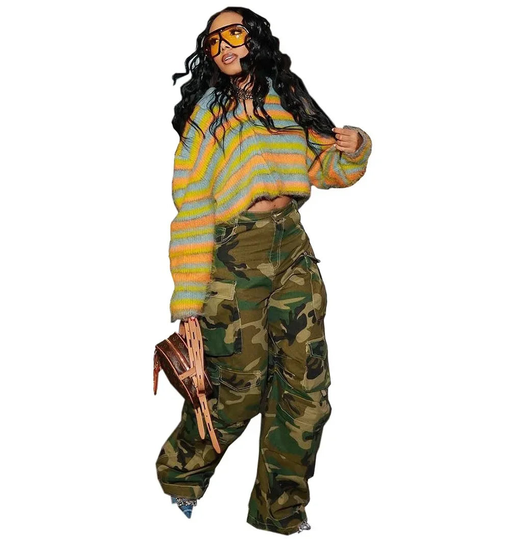 Solid Casual Baggy Cargo Pants for Women Youthful Female Trousers Multi-pocket Fashion Vintage Women's High Waist Wide Pants