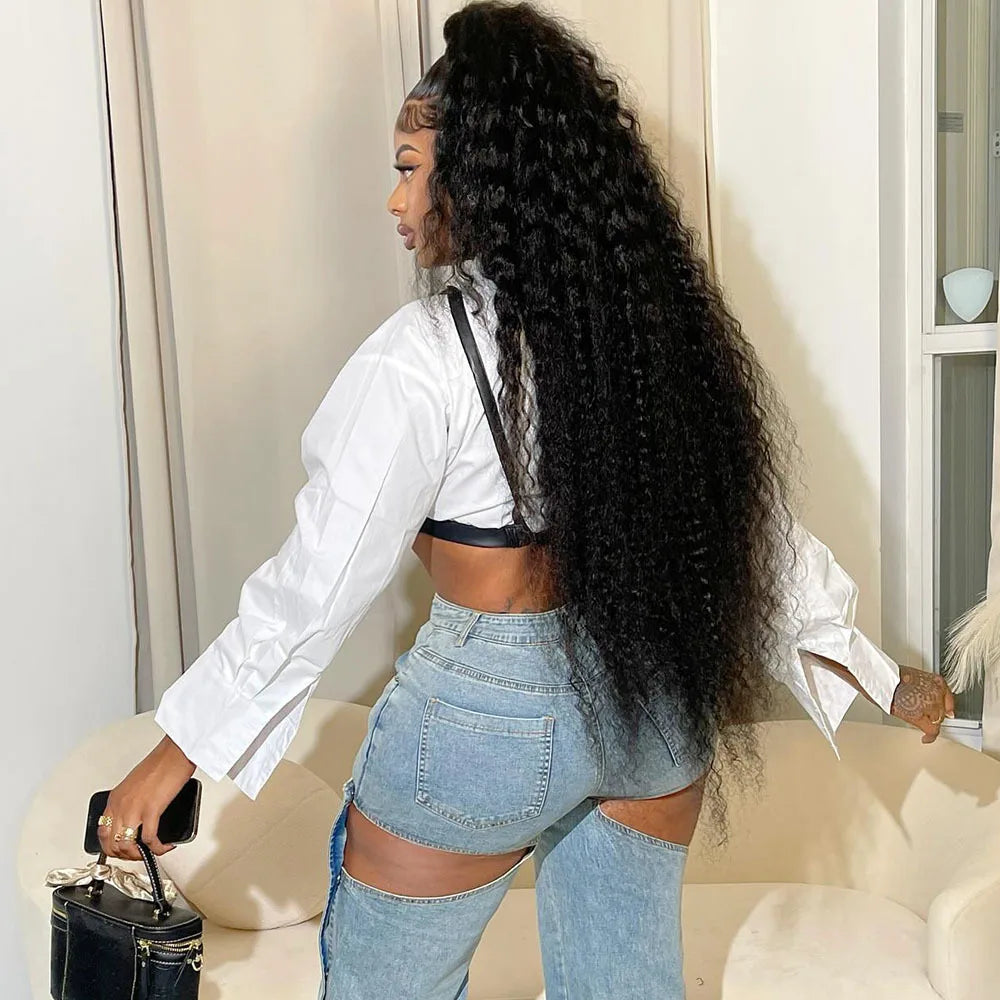 Joskaa Casual Lapel Long Sleeve Single Breasted Slim Crop White Blouses with Black Pu Bra Matching 2024 Chic Tops Streetwear