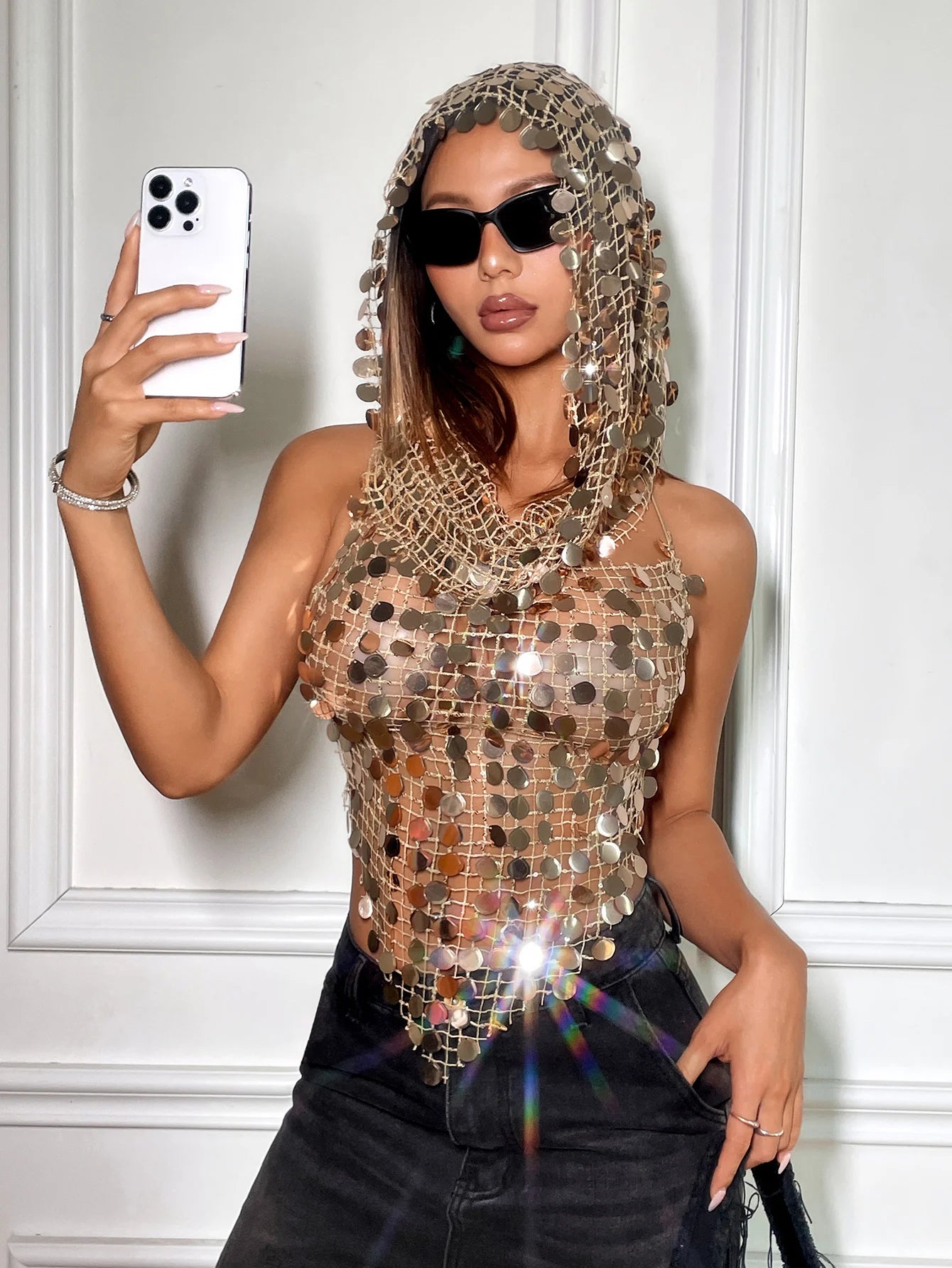 Women Acrylic Sequins Tank Top With Hat 2 Pcs Set Sexy Hollow Out See Through Backless Camisole Rave Festival Party Crop Top New
