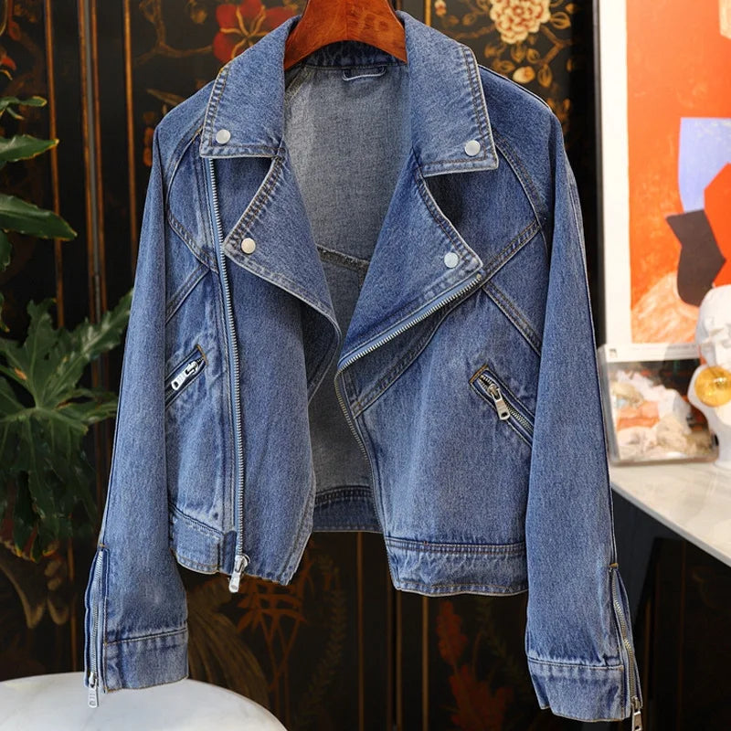 Fitaylor Spring Autumn Women Denim Jacket Casual Lady Moto Biker Coat Vintage Lapel Zipper Jacket