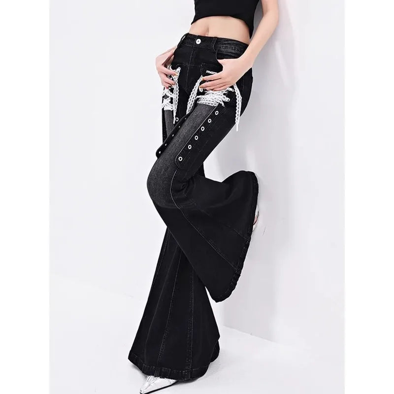 European White Y2k Lace Strap Micro Flared Jeans for Women Hot Girls Street Low Waist Slim Fit and Slimming Floor Length Pants