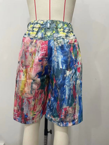 2025 Summer New Women's Pockets Graffiti Shorts Hot Casual Polyester Shorts Mid Waist Short Fashion Streetwear Short Pants