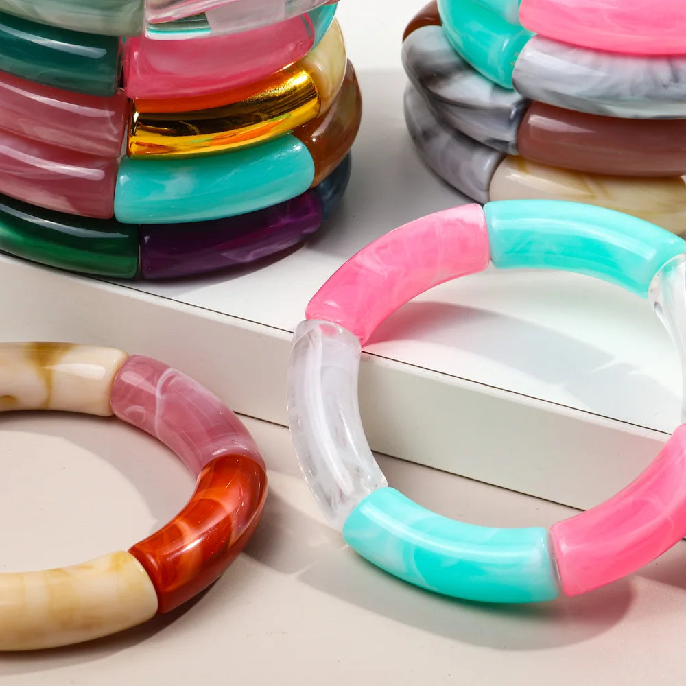 FishSheep Trendy Acrylic Stacked Bamboo Beads Bangles Bracelets for Women Bohemian Resin Elastic Beaded Bracelets Set Jewelry