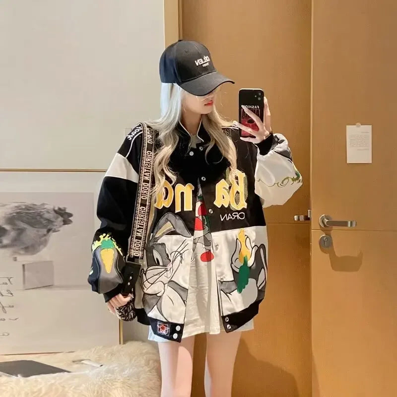 Cross-border Cartoon Embroidery Baseball Jacket For Men Women Casual Loose Fit Hip Hop Top Spring Autumn Letter Couple Jacket