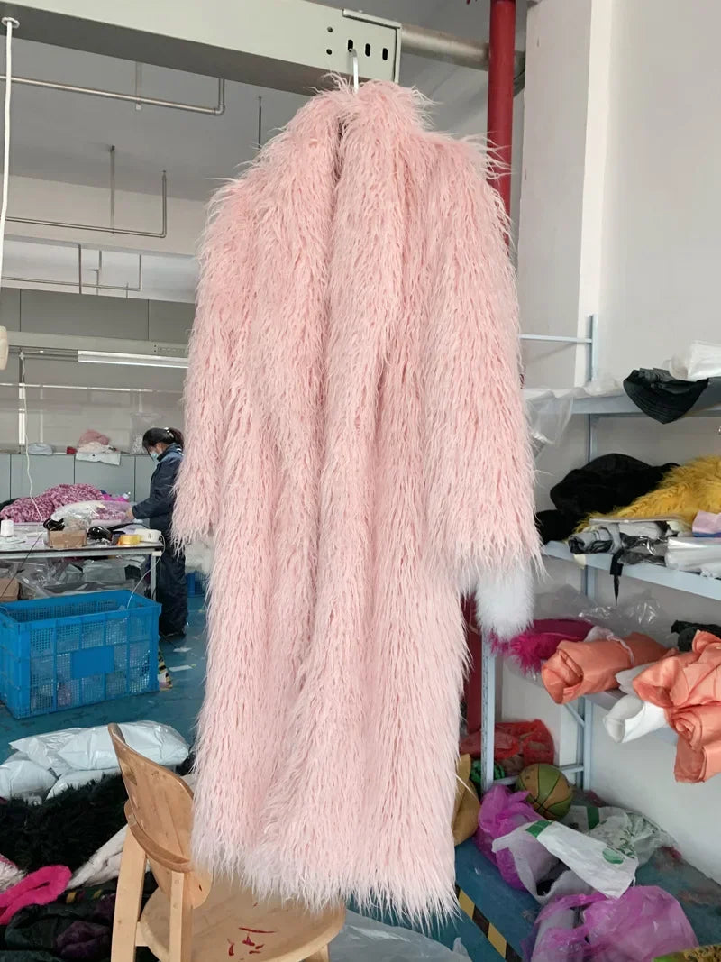 Women Faux Sheep Fur Long Coat Cardigan Thermal Loose Maxi Jackets Plush Coats Female Jacket Autumn Winter Furry Outerwear