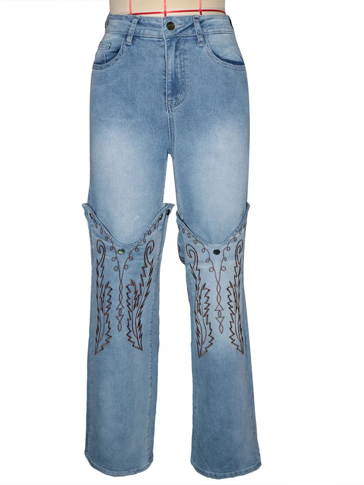 2025 Summer Fashion Woman Vintage Embroidery Denim Trousers Casual High Waist Straight Leg Jeans Women Street Clothes Jean Pants
