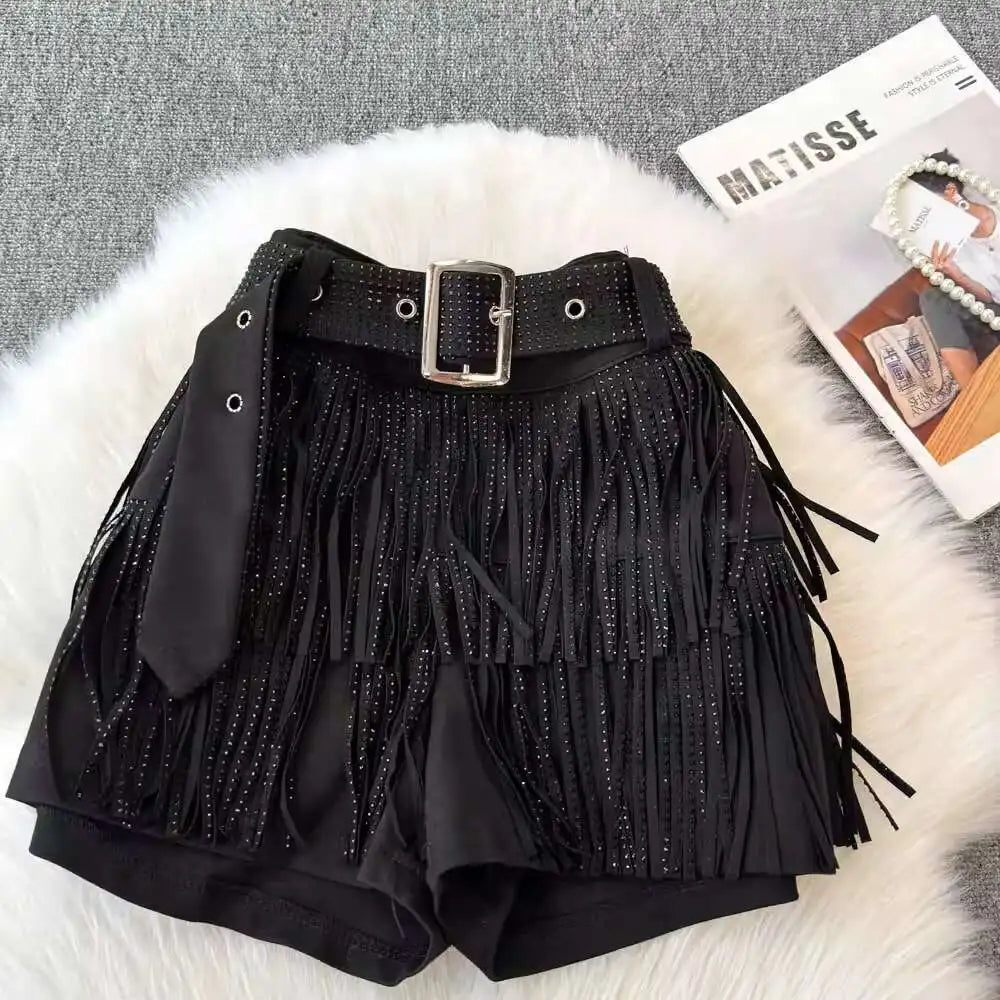 XFPV American Style Women's Shorts Summer Belt Gathered Waist Zipper Spliced Beading Tassel Shorts Female New Fashion 22D1803