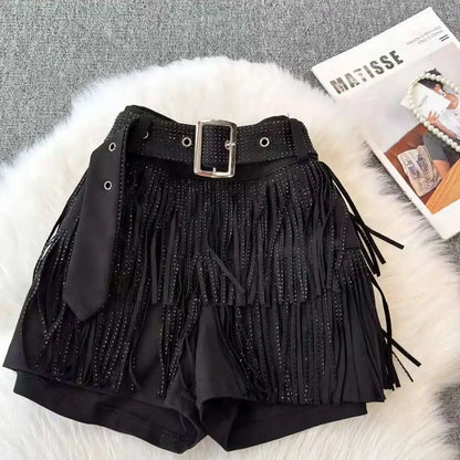 XFPV American Style Women's Shorts Summer Belt Gathered Waist Zipper Spliced Beading Tassel Shorts Female New Fashion 22D1803