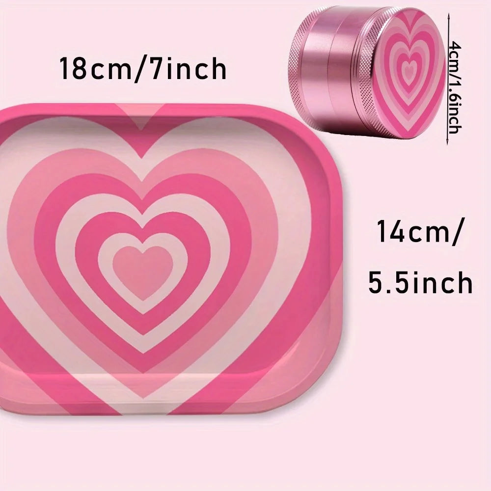 2 Pieces LOVE Heart Herb Grinder Roling Tray Combo Girly PINK Tobacco Kits