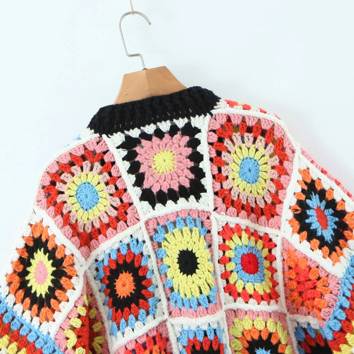 BOHO Geometric Plaid Hand Made Crochet Cardigan Woman V neck Long sleeve Sweater Open Stitching Knitwear Jumper Holiday