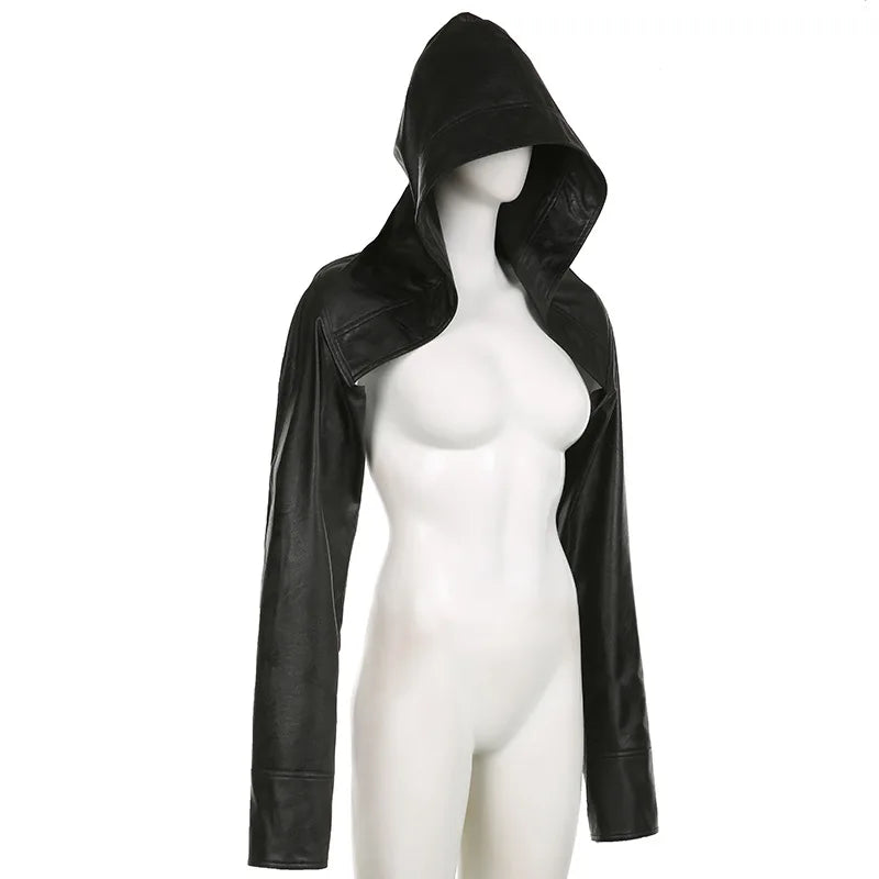 ALLNeon Y2K Rave Faux Pu Leather Hooded Cropped Jackets Tops Baddie Punk Long Sleeve Hoodies Short Coat Women Hot Street Outwear