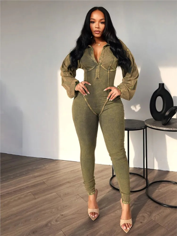 Women's Clothing 2025 Spring Summer New Fashion Bubble Sleeves Sexy Deep V Tight Waist Casual Long Sleeved Jumpsuit Pants
