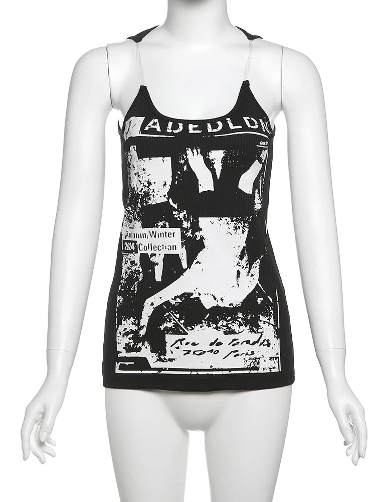 kliou Modern Printed Women Vests Vintage Sexy New Low Neck Ribbed Stretch Lengthen Tank Tops Female Trend Attractive Streetwear