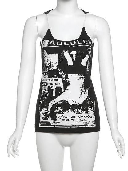 kliou Modern Printed Women Vests Vintage Sexy New Low Neck Ribbed Stretch Lengthen Tank Tops Female Trend Attractive Streetwear