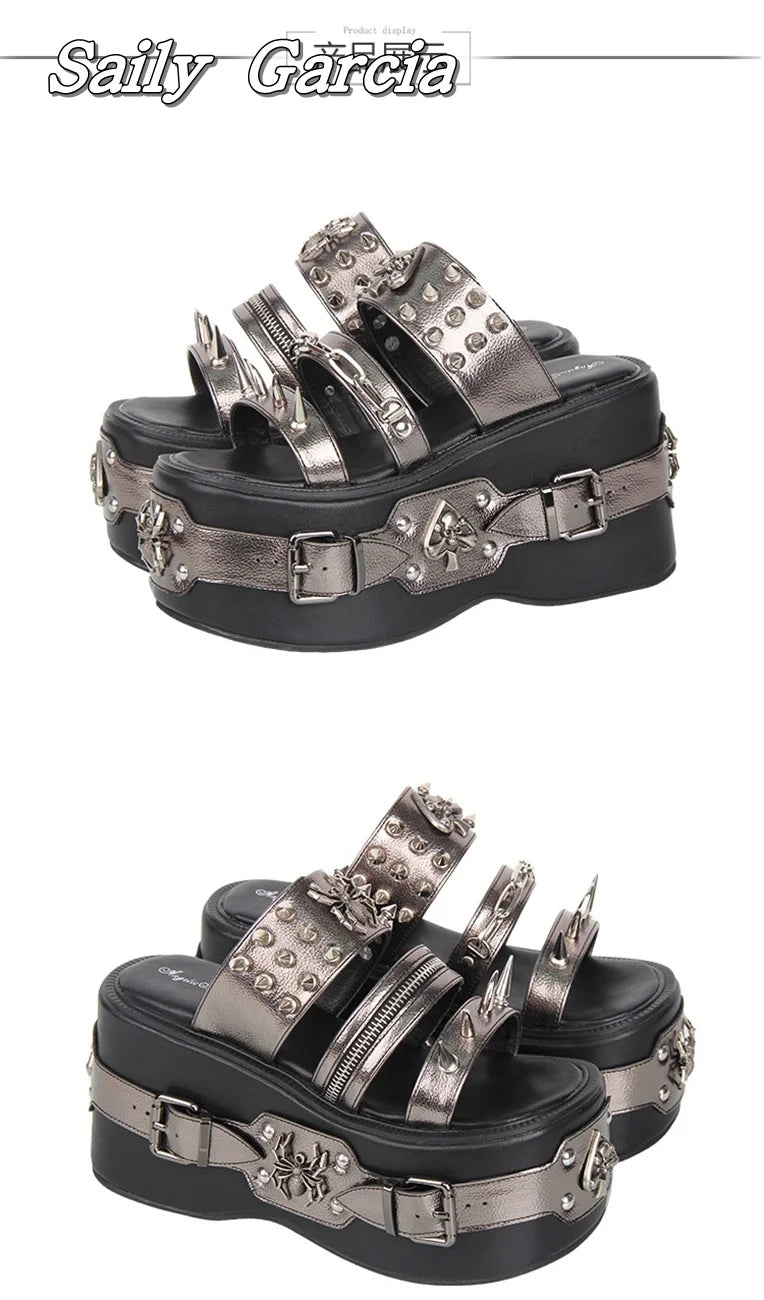 Punk Style Metal Rivet Thick Sole 10CM Heel Slippers Open Toe Size 34-47 Original Customization Y2K Slides Silver Hollow Sandals