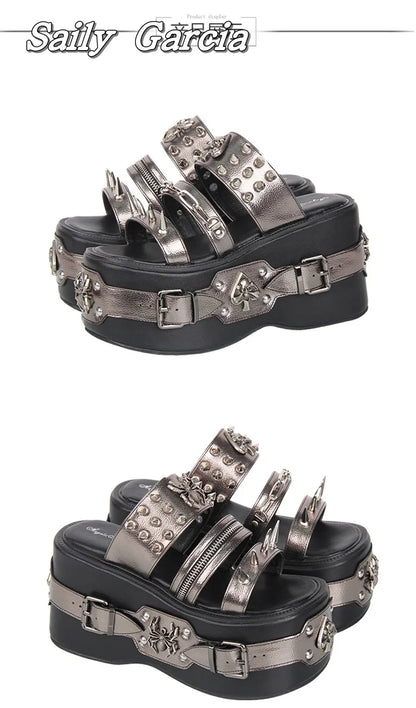 Punk Style Metal Rivet Thick Sole 10CM Heel Slippers Open Toe Size 34-47 Original Customization Y2K Slides Silver Hollow Sandals