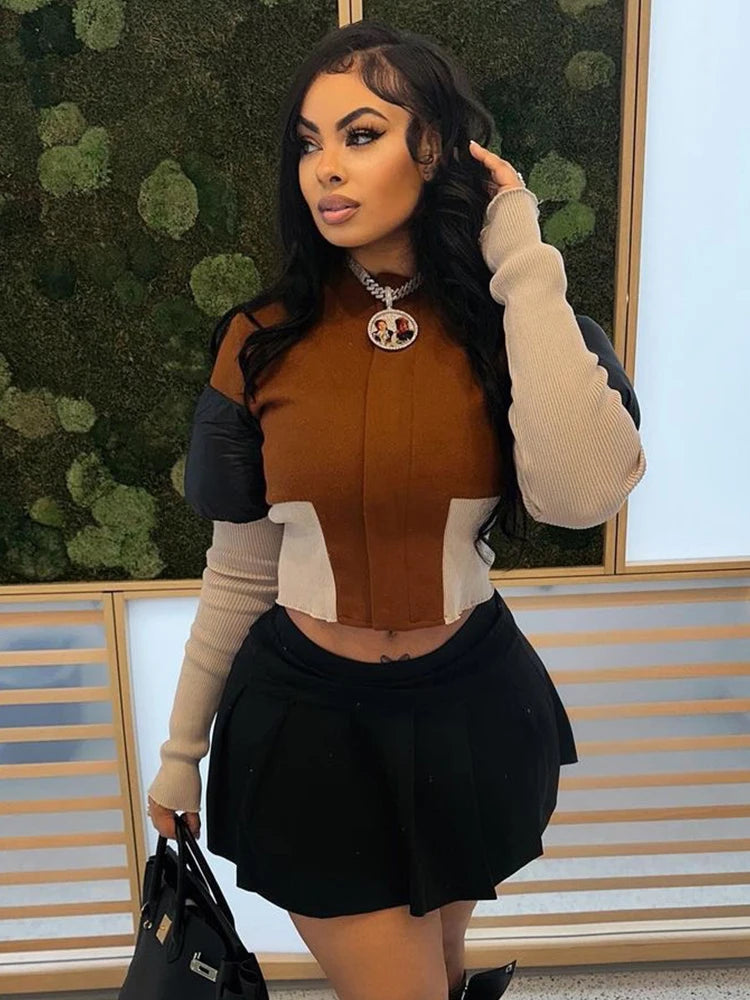 Weird Puss Contrast Patchwork Jacket Women Chic Zip Hipster Winter Trend full Sleeve Coat Wild Streetwear Casual Jersey Outwear