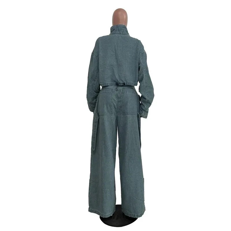 Casual Loose Denim Two Piece Set for Women Streetwear 2023 Autumn Zipper High Collar Crop Top Elastic Waist Wide Leg Cargo Pants