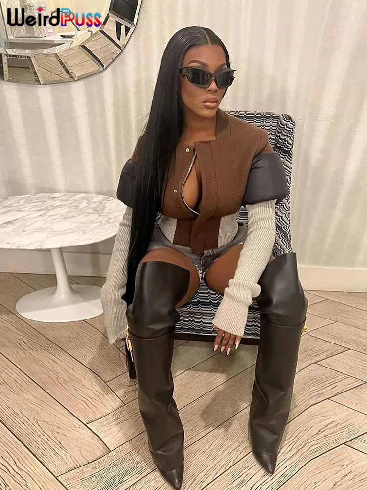 Weird Puss Contrast Patchwork Jacket Women Chic Zip Hipster Winter Trend full Sleeve Coat Wild Streetwear Casual Jersey Outwear