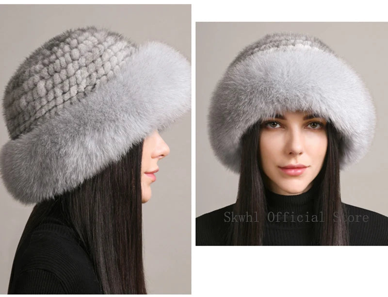 New Genuine Real Natural Knitted Mink Fur Hat Cap Luxury Women Handmade Knit Fashion Winter Headwear Warm Real Fox Fur Beanies