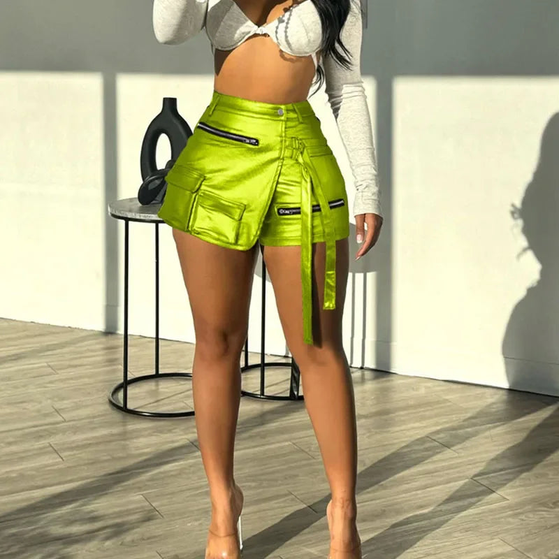 Shiny Metallic Irregular Shorts Skirts Women Y2K Clothing High Waist Button Fly Pockets Party Club Birthday Pantalones Cortos