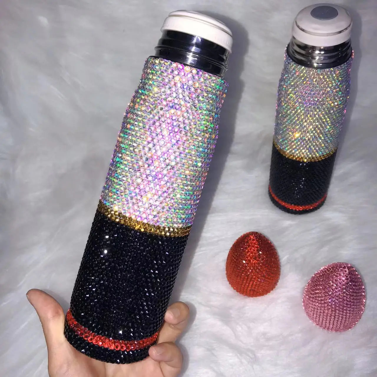 Bling Lipstick Tumbler Customize Name Logo Rhinestone Thermos Cup 17oz Lipstick Shape Stainless Steel Water Bottle Coffee Mugs